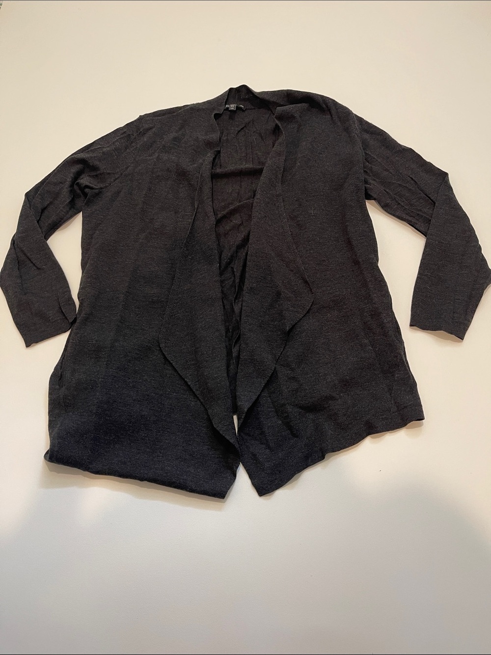 Eileen Fisher Classic Draped Black Open 100% Merino Wool Cardigan